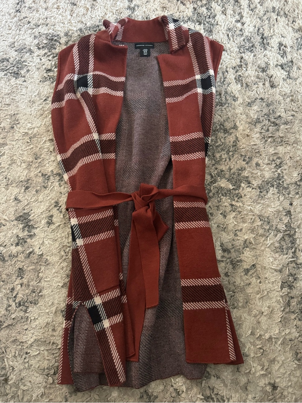 Adrienne Vittadini Rust Plaid Sleeveless Tie-Waist Cardigan